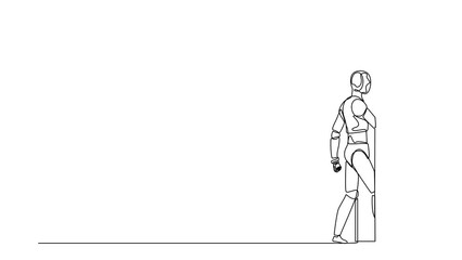 Poster - Animated self drawing of continuous line draw robots walking enters the room through the door. Modern robotics artificial intelligence technology. Electronic technology. Full length one line animation