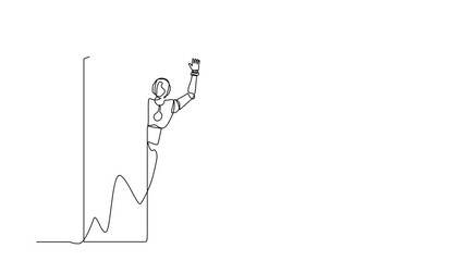 Poster - Animated self drawing of continuous line draw robots peeking of door and wave hands. Modern robotics artificial intelligence technology. Electronic technology industry. Full length one line animation