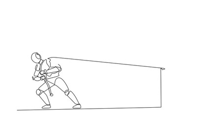 Poster - Animated self drawing of continuous line draw robots pulling heavy door with rope. Modern robotics artificial intelligence technology. Electronic technology industry. Full length one line animation