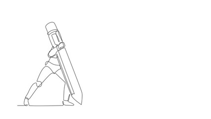 Poster - Animated self drawing of continuous line draw robot making circle of holes with large pencil. Humanoid robot cybernetic organism. Future robotics development concept. Full length single line animation