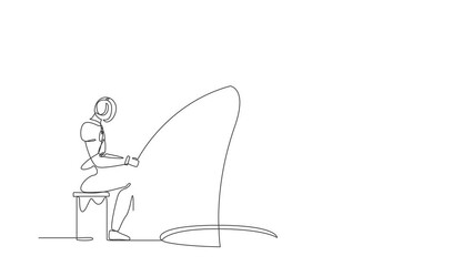 Poster - Animated self drawing of continuous line draw robot holding fishing rod from hole. Fishing with rod. Robotic artificial intelligence technology. Electronic technology. Full length one line animation