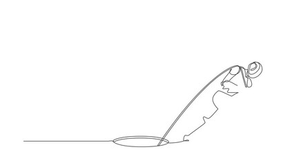 Poster - Self drawing animation of single line draw robot trying hard pulling rope to drag something from hole. Technology. Artificial intelligence machine learning. Continuous line draw. Full length animated