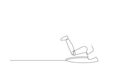 Poster - Self drawing animation of single one line draw robot falling into pit hole. Protruding legs from hatch. Technology. Artificial intelligence machine learning. Continuous line draw. Full length animated