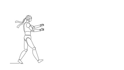 Poster - Animated self drawing of continuous line draw robot runs to business trap. Blind investment. Humanoid robot cybernetic organism. Future robotics development concept. Full length single line animation