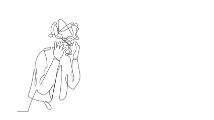 Poster - self drawing animation of single one line draw businesswoman with round scribbles instead of head. d