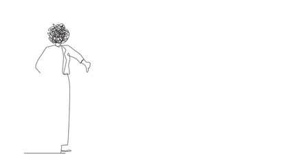 Poster - self drawing animation of single one line draw businesswoman with round scribbles instead of head. c