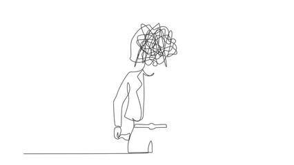 Poster - Self drawing animation of single line draw businesswoman with round scribbles instead of head. Worker with pockets turned outward, no money. Broke person. Continuous line draw. Full length animated