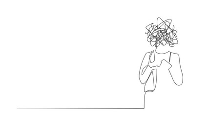 Poster - Self drawing animation of single line draw businesswoman with round scribbles instead of head. Woman hand making sign crossing fingers. Banned just say no. Continuous line draw. Full length animated