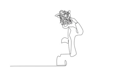 Poster - Animated self drawing of continuous line draw businesswoman with round scribbles instead of head. Office worker covering her ears. Person closing ear for loud noise. Full length one line animation