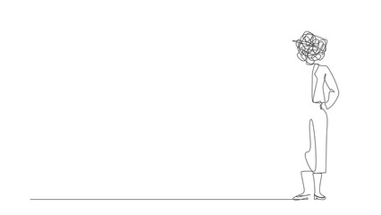Poster - Self drawing animation of single one line draw businesswoman with round scribbles instead of head. Manager pointing finger up gesture. Idea, problem solving. Continuous line draw. Full length animated