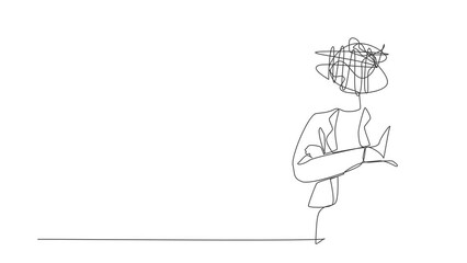Poster - Self drawing animation of single one line draw businesswoman with round scribbles instead of head. Manager in keeping arms crossed. Female with folded arms. Continuous line draw. Full length animated