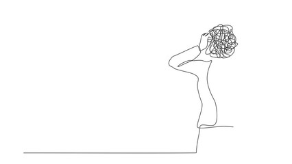 Poster - Animated self drawing of continuous line draw businesswoman with round scribbles instead of a head. Doubting woman. Memory and solution, searching, thinking concept. Full length single line animation