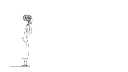Poster - Animated self drawing of continuous line draw businesswoman with round scribbles instead of head. Distressed worker hand on head have deadline. Woman suffer headache. Full length one line animation