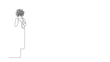 Poster - animated self drawing of continuous line draw businesswoman with round scribbles instead of head. ma