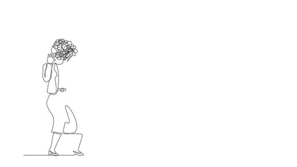 Poster - Self drawing animation of single line draw businesswoman with round scribbles instead of head. Shocked. Stop gesture hands, shouting. Human emotions, expressions. Continuous line. Full length animated