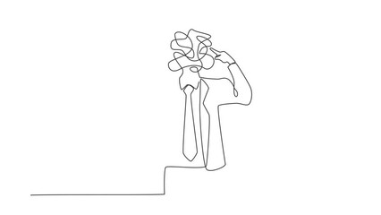 Canvas Print - Animated self drawing of continuous one line draw businessman with round scribbles instead of head. Worker covering his ears with fingers. Closing ear for loud noise. Full length single line animation