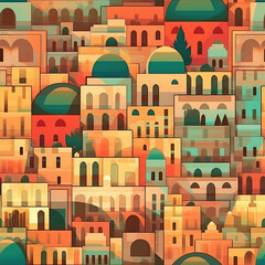 Ancient city walls at sunset Jerusalem old city, seamless repeat pattern - fantasy colorful cubism, abstract art, trippy psychedelic [Generative AI]
