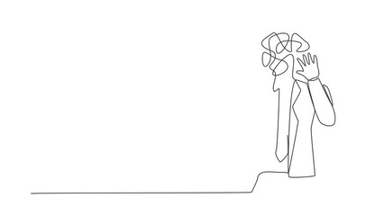 Poster - animated self drawing of continuous line draw businessman with round scribbles instead of head. man 