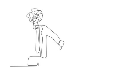 Poster - Animated self drawing of continuous line draw businessman with round scribbles instead of head. Confused male showing thumbs down, dislike, disapproval, disagreement. Full length single line animation