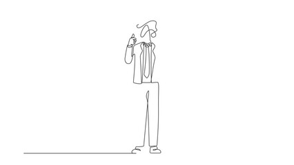 Poster - Self drawing animation of single line draw businessman with round scribbles instead of head. Confused manager standing showing thumbs up positive gesture. Continuous line draw. Full length animated