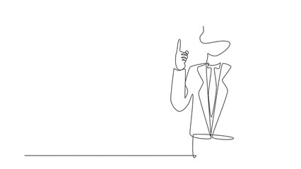 Poster - Animated self drawing of continuous line draw businessman with round scribbles instead of a head. Manager representing solution. Gesturing or showing index finger. Full length single line animation