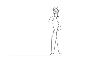 Poster - Self drawing animation of single line draw businessman with round scribbles instead of head. Man stop gesture, manager covering eyes. Negative emotion pose. Continuous line draw. Full length animated