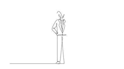 Poster - Animated self drawing of continuous one line draw businessman with round scribbles instead of head. Angry, strict boss rejecting something with stop hand gesture. Full length single line animation