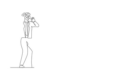 Poster - Self drawing animation of single line draw businessman with round scribbles instead of head. Shocked. Stop gesture with palm hands. Emotions, expressions. Continuous line draw. Full length animated