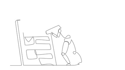 Poster - animated self drawing of continuous line draw robots standing mark checklist with big pencil. humano