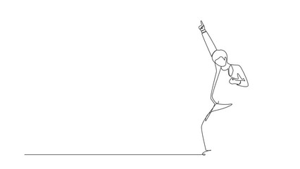 Poster - animated self drawing of continuous line draw businessman standing with raise one hand, the other ha