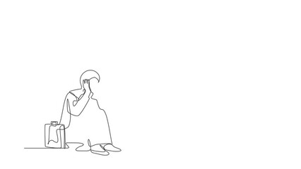 Poster - Animated self drawing of continuous line draw sad Arabian businesswoman cover face and sitting on the floor. Depression disorder, sad, sorrow, disappointment symptom. Full length single line animation