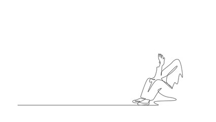 Poster - animated self drawing of continuous line draw arab businesswoman feeling depression sitting on floor