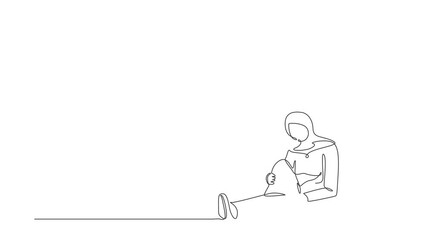 Poster - Animated self drawing of continuous line draw Arab businesswoman with briefcase sitting in despair on floor. Entrepreneur sad expression. Professional burnout syndrome. Full length one line animation