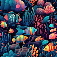 Exotic fishes and corals seamless repeat pattern - fantasy colorful cubism, abstract art, trippy psychedelic [Generative AI]