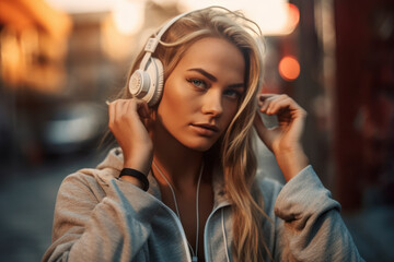 Wall Mural - Attractive young fitness woman wearing hoodie standing in the city with headphones. AI Generative