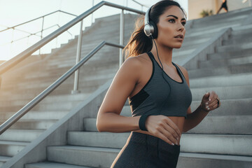 Wall Mural - Active female running and exercising on staircase .AI Generative