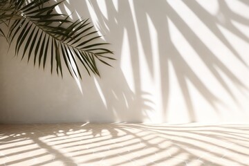 Shadow of palm leaves on white concrete light beige wall