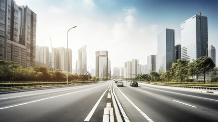 Wall Mural - Asphalt road and modern city with skyscrapers. Generative AI AIG21.