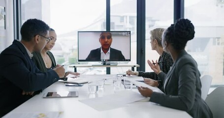 Poster - Video call, conference room and business people planning in a meeting with management strategy. Online, working and company webinar with teamwork and collaboration in a seminar for virtual workshop