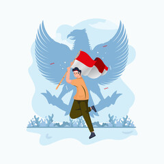 Wall Mural - A young man waving indonesian flag with garuda symbol background