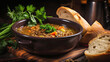 A hearty lentil soup with fresh herbs and crusty bread on the side - Generative AI