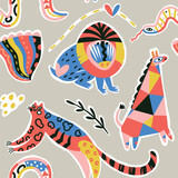 Fototapeta  - Seamless pattern with abstract African animals in childish style. Vector illustration