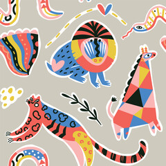 Wall Mural - Seamless pattern with abstract African animals in childish style. Vector illustration