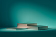 3d presentation pedestal or dais in teal room illuminated by sunlight. 3d rendering of mockup of presentation podium for display or advertising purposes