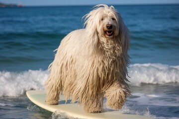 Wall Mural - Image of a happy Komondor surfing on a surfboard at the beach on a sunny day.