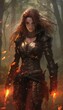 a fantasy woman rogue with many weapons and armor in a burning forest, illustration generative ai