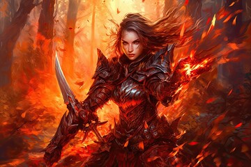 Wall Mural - a fantasy girl rogue with many weapons in a burning forest, illustration generative ai
