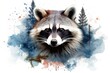 Watercolour of raccoon head with forest and USA Flag Background, an airbrush painting, shutterstock contest winner, american scene painting, airbrush art, detailed painting. 