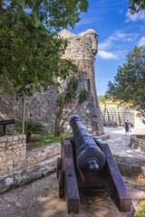 Poster - Cannon in front of Citadel on the Old Town of Budva, Adriatic coast in Montenegro