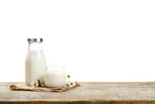 A Bottle Of Milk And Glass Of Milk On A Wooden Table With Transparent Background Png, Nutritious And Healthy Dairy Products
